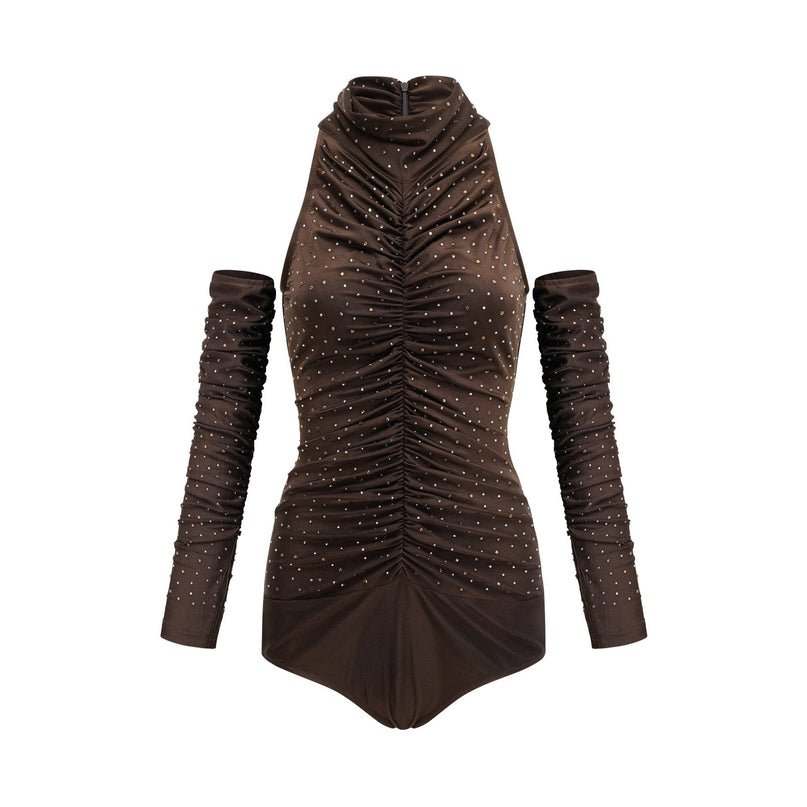 Lavinia Brown Crystal Embellished Bodysuit