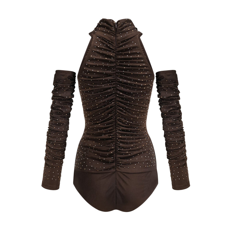 Lavinia Brown Crystal Embellished Bodysuit