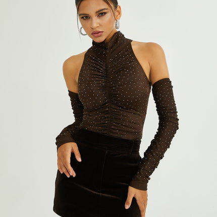 Lavinia Brown Crystal Embellished Bodysuit