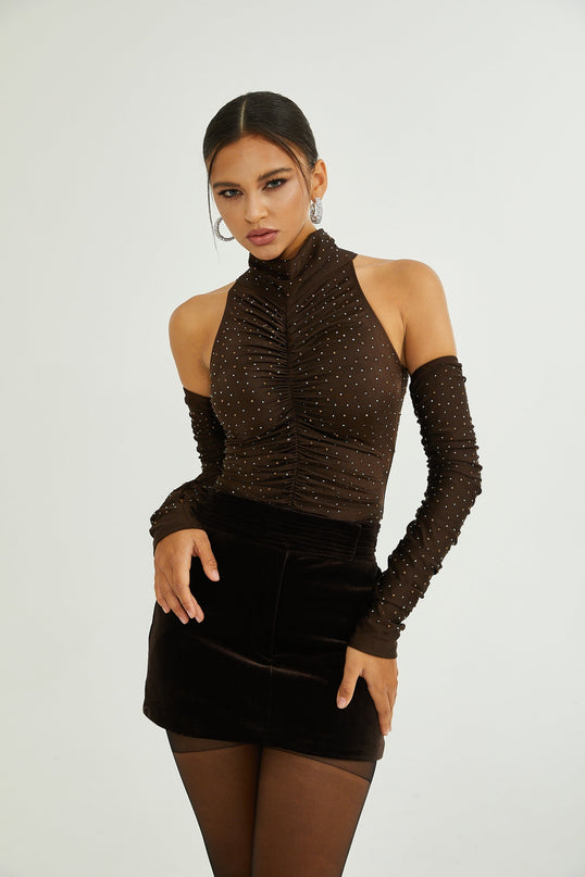 Lavinia Brown Crystal Embellished Bodysuit