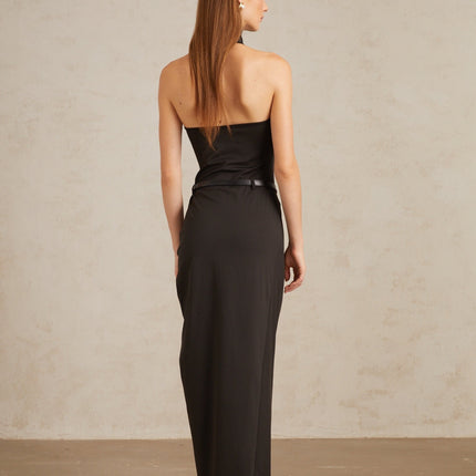 Lavinia Halterneck Black Gathered Maxi Dress with Open Back and Side Slit