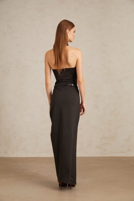 Lavinia Halterneck Black Gathered Maxi Dress with Open Back and Side Slit