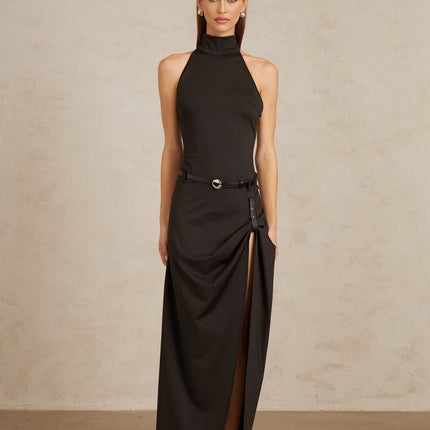 Lavinia Halterneck Black Gathered Maxi Dress with Open Back and Side Slit