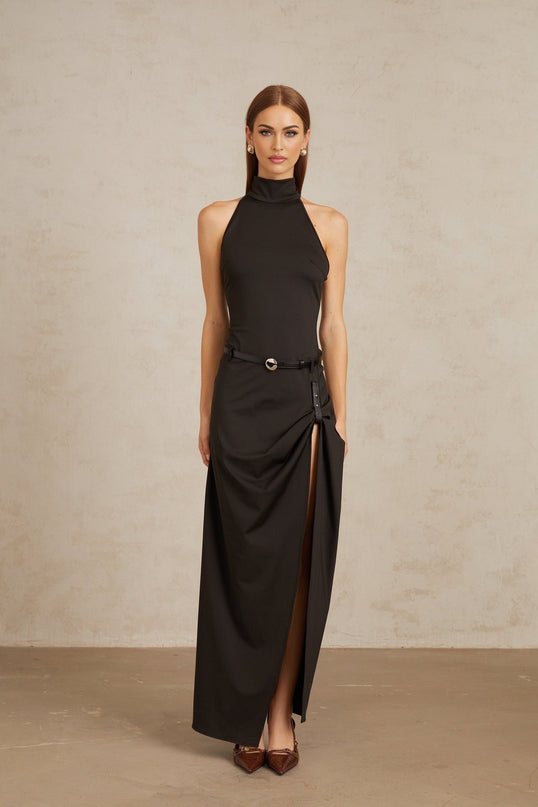 Lavinia Halterneck Black Gathered Maxi Dress with Open Back and Side Slit