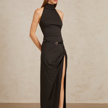 Lavinia Halterneck Black Gathered Maxi Dress with side slit and belted waist for women
