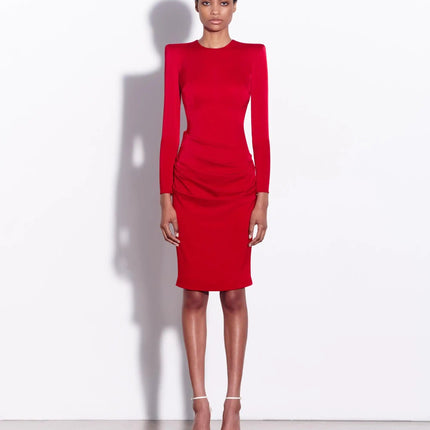 Lavinia Red Sunset Dress O-neck Natural Waist Mid-Calf Pullover A-line Solid Pattern High Street Chic Sophistication Modern Woman