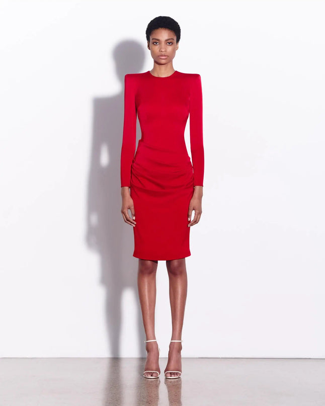 Lavinia Red Sunset Dress O-neck Natural Waist Mid-Calf Pullover A-line Solid Pattern High Street Chic Sophistication Modern Woman