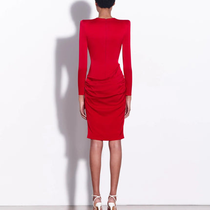 Lavinia Red Sunset Dress Italian High Performance Chemical Company Materials O-Neck Natural Waist Mid-Calf Pullover Closure Cotton Blend Fabric Solid Pattern A-Line Silhouette High Street Flair Chic Sophistication Modern Woman