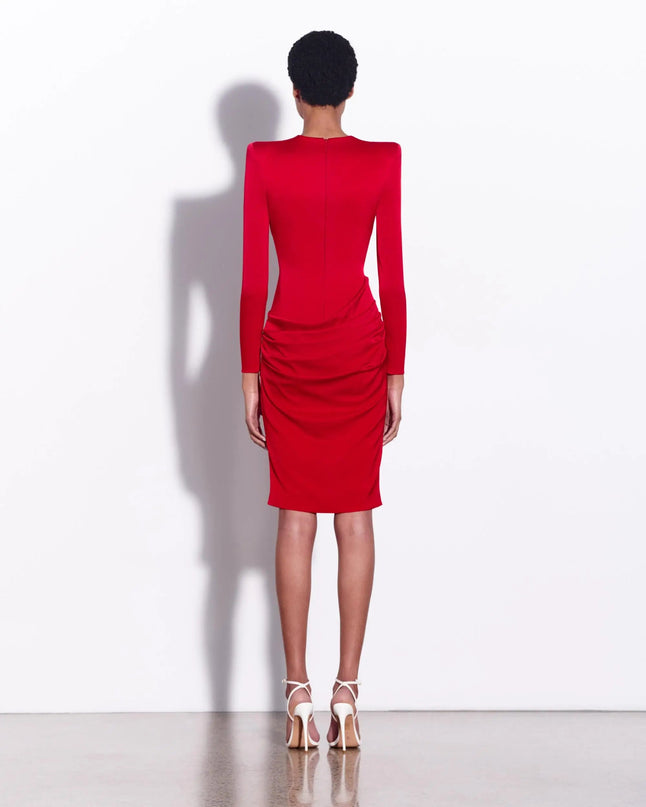 Lavinia Red Sunset Dress Italian High Performance Chemical Company Materials O-Neck Natural Waist Mid-Calf Pullover Closure Cotton Blend Fabric Solid Pattern A-Line Silhouette High Street Flair Chic Sophistication Modern Woman