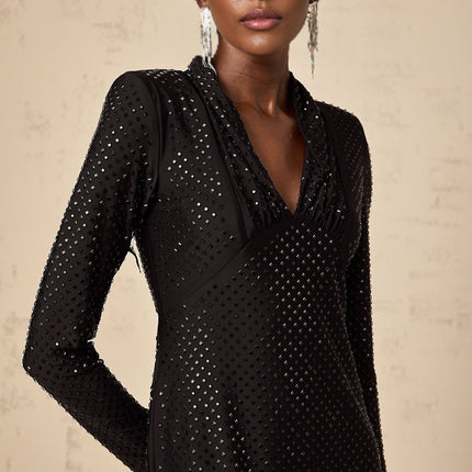 Layla Black Studded Mini Dress with Long Sleeves and Cinched Waist