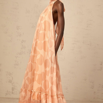 Layla Coral Pink Maxi Dress with Halterneck Design and Ruffled Hem