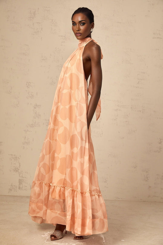Layla Coral Pink Maxi Dress with Halterneck Design and Ruffled Hem