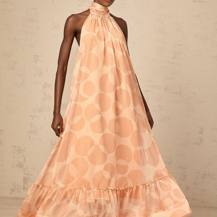 Layla Coral Pink Maxi Dress with Halterneck Design and Ruffled Hem