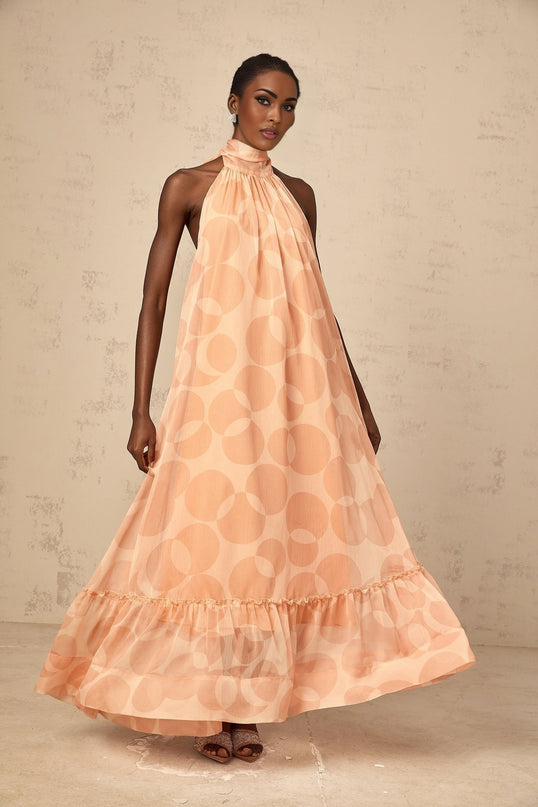 Layla Coral Pink Maxi Dress with Halterneck Design and Ruffled Hem