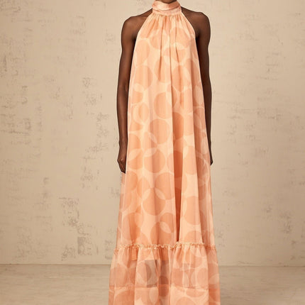 Layla Coral Pink Halterneck Maxi Dress with Ruffled Hem
