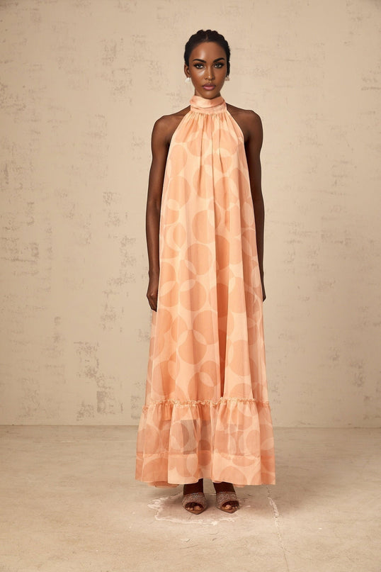 Layla Coral Pink Halterneck Maxi Dress with Ruffled Hem