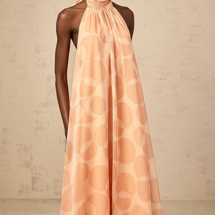 Layla Coral Pink Maxi Dress Halterneck Ruffled Hem Open Back Self-Tie Closure Terylene Fiber Pattern Print Elegant Sophisticated Charm