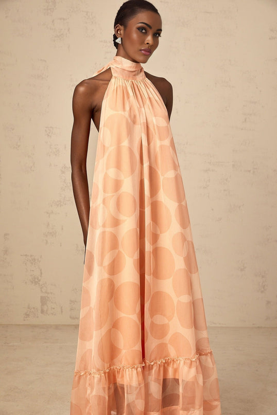 Layla Coral Pink Maxi Dress Halterneck Ruffled Hem Open Back Self-Tie Closure Terylene Fiber Pattern Print Elegant Sophisticated Charm