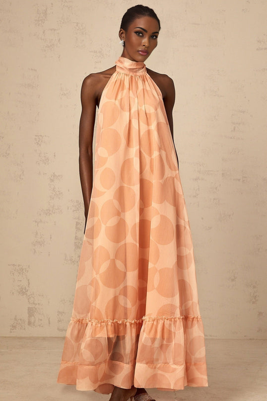 Layla Coral Pink Halterneck Maxi Dress with Ruffled Hem