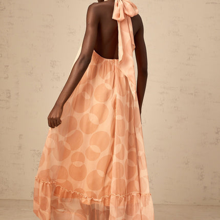 Layla Coral Pink Halterneck Maxi Dress with Ruffled Hem