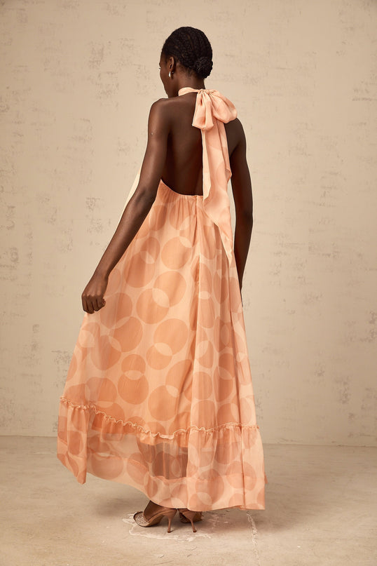 Layla Coral Pink Halterneck Maxi Dress with Ruffled Hem