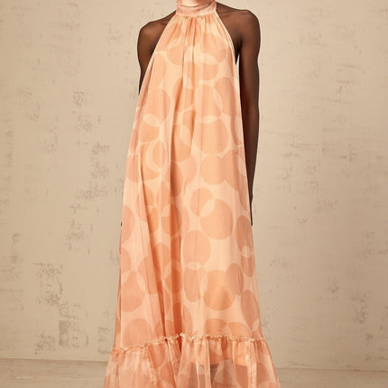 Layla Coral Pink Maxi Dress with Halterneck Design and Ruffled Hem