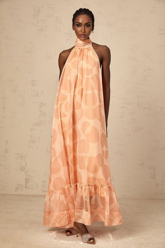 Layla Coral Pink Maxi Dress with Halterneck Design and Ruffled Hem