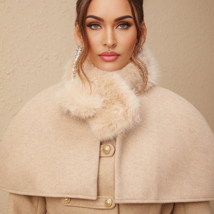 Layla Modern Coat Neutrals Faux-Fur Embossed Gold-Tone Buttons Self-Tie Design Shoulder Pads 100% Polyester Fiber