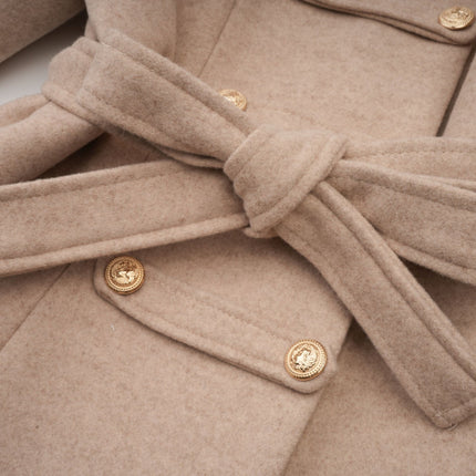 Layla Modern Coat Neutrals Faux Fur Embossed Gold Tone Buttons Self Tie Design Shoulder Pads 100 Percent Polyester Fiber