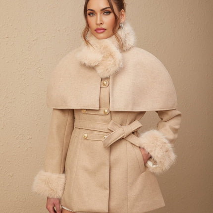 Layla Modern Coat Neutrals Faux Fur Embossed Gold Buttons Self Tie Design Shoulder Pads