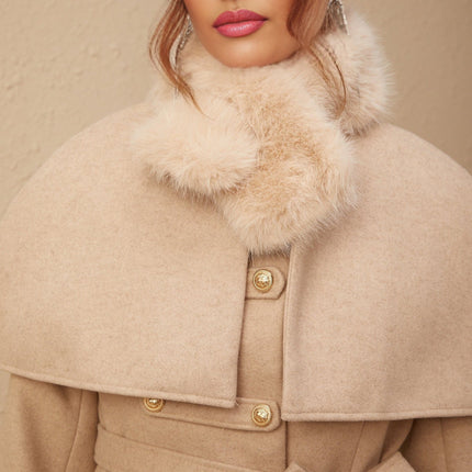 Layla Modern Coat Neutrals Faux Fur Embossed Gold Tone Buttons Self Tie Design