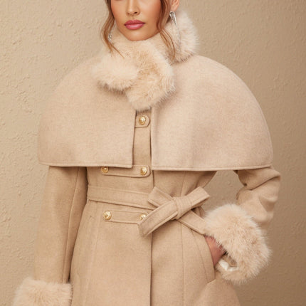 Layla Modern Coat Neutrals Faux-Fur Embossed Gold-Tone Buttons Self-Tie Design Shoulder Pads