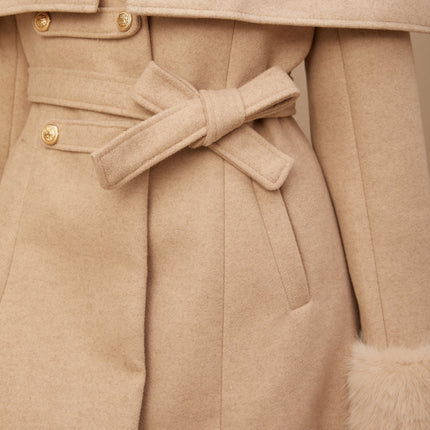 Layla Modern Coat Neutrals Faux-Fur Embossed Gold-Tone Buttons Self-Tie Design Shoulder Pads 100% Polyester Fiber