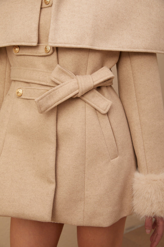 Layla Modern Coat Neutrals Faux-Fur Embossed Gold-Tone Buttons Self-Tie Design Shoulder Pads 100% Polyester Fiber