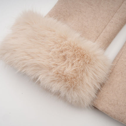 Layla Modern Coat Neutrals Faux Fur Embossed Gold Tone Buttons Self Tie Design Shoulder Pads 100 Percent Polyester Fiber