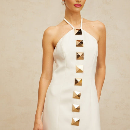 Leah White Halter Neck A-Line Mini Dress with Gold Accents and Open Back