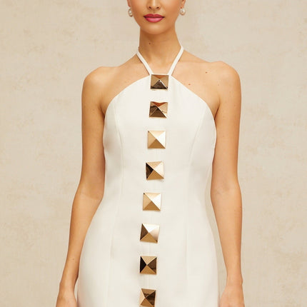 Leah White Halter Neck A-Line Mini Dress with Gold Accents and Open Back