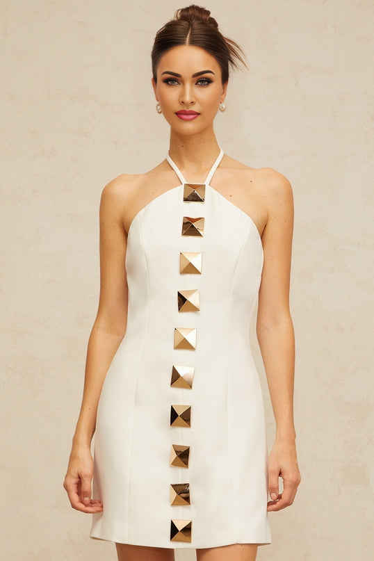 Leah White Halter Neck A-Line Mini Dress with Gold Accents and Open Back