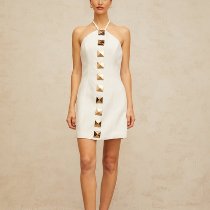 Leah White Halter Neck A-Line Mini Dress with Gold Accents and Open Back