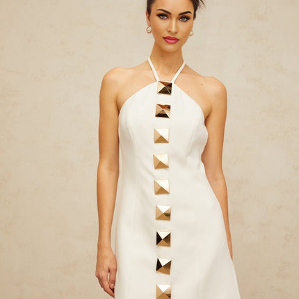 Leah White Halter Neck A-Line Mini Dress with Gold Accents Open Back and Hardware