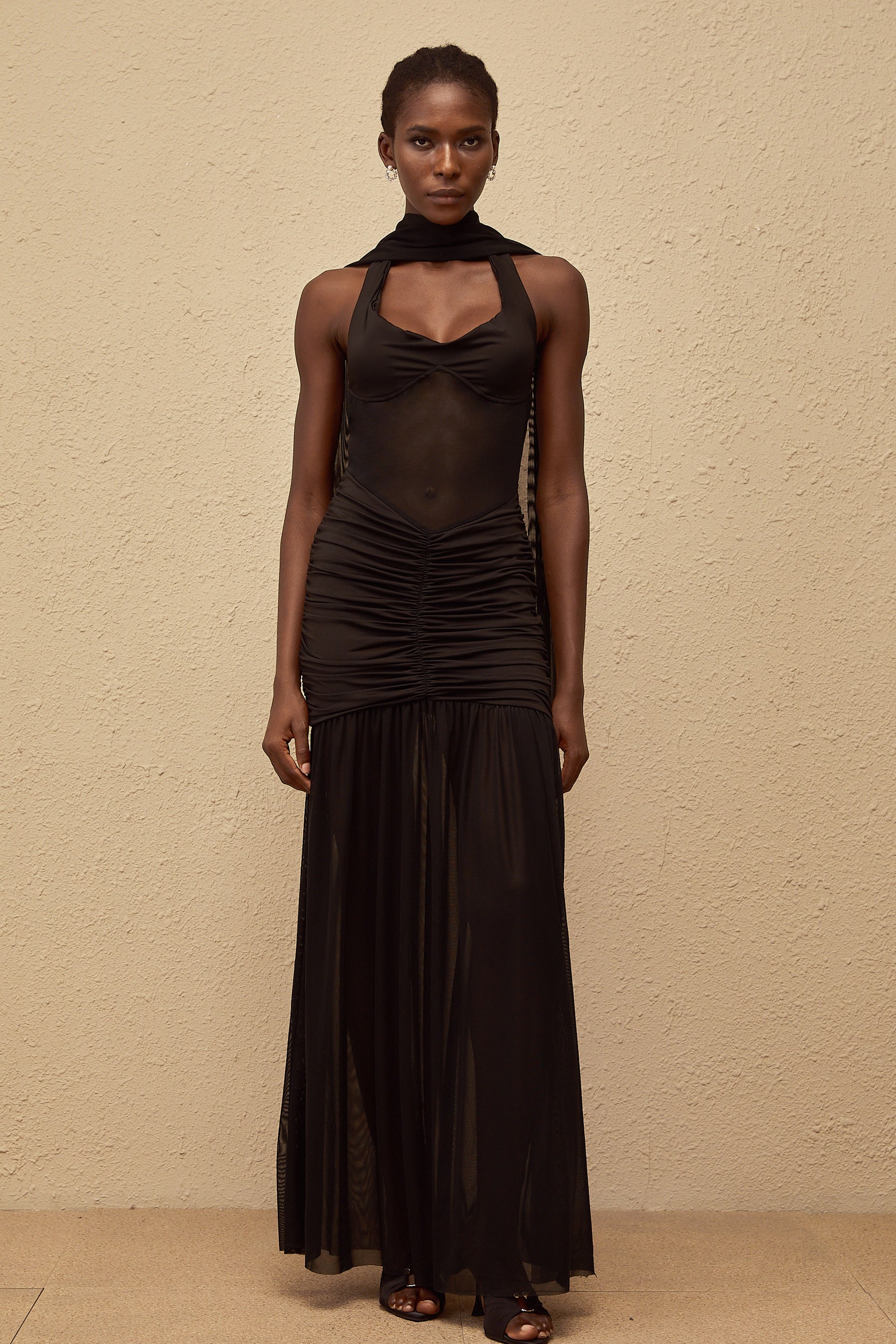 Léana Black Mesh Panel Ruched Maxi Dress