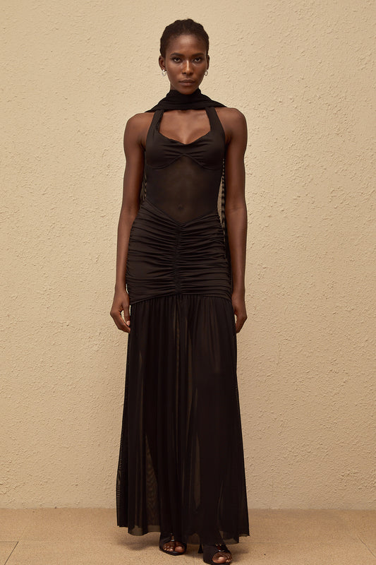 Léana Black Mesh Panel Ruched Maxi Dress