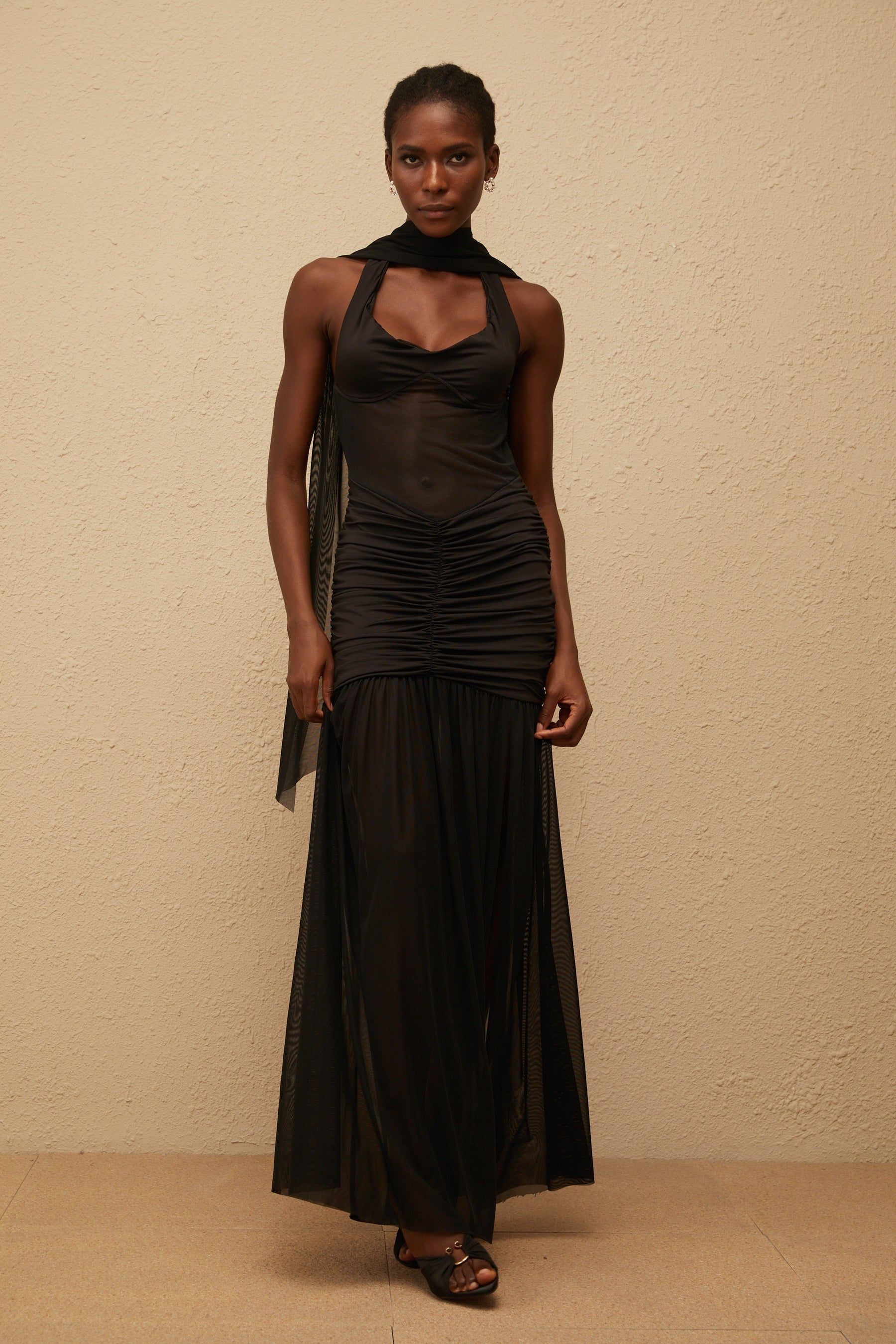 Léana Black Mesh Panel Ruched Maxi Dress