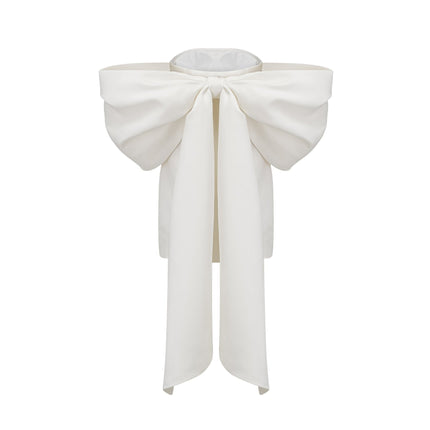Leilani White Mini Dress with Oversize Bow Detail Sleeveless Off-the-Shoulder Fitted Waistline Straight Hem Mini Length Polyester