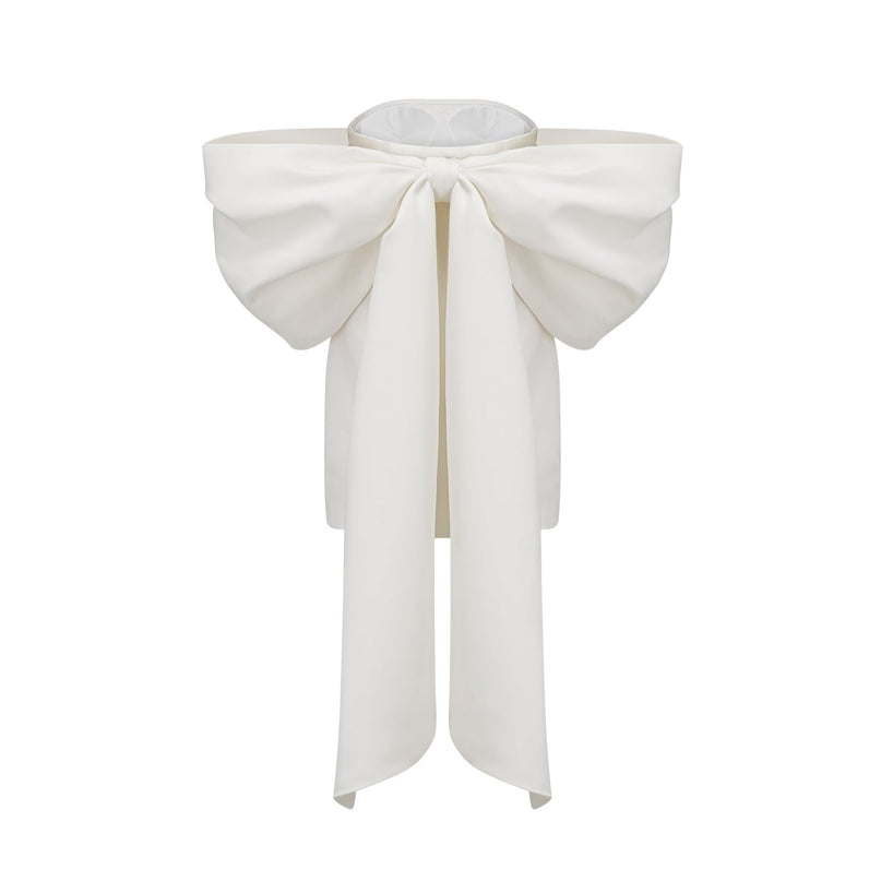Leilani White Mini Dress with Oversize Bow Detail Sleeveless Off-the-Shoulder Fitted Waistline Straight Hem Mini Length Polyester