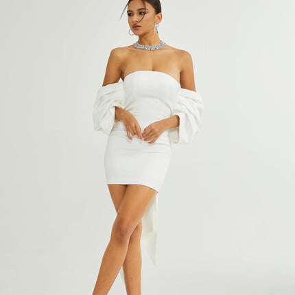 Leilani White Mini Dress with Oversize Bow Detail Sleeveless Off-the-Shoulder Fitted Waistline Straight Hem Mini Length Polyester