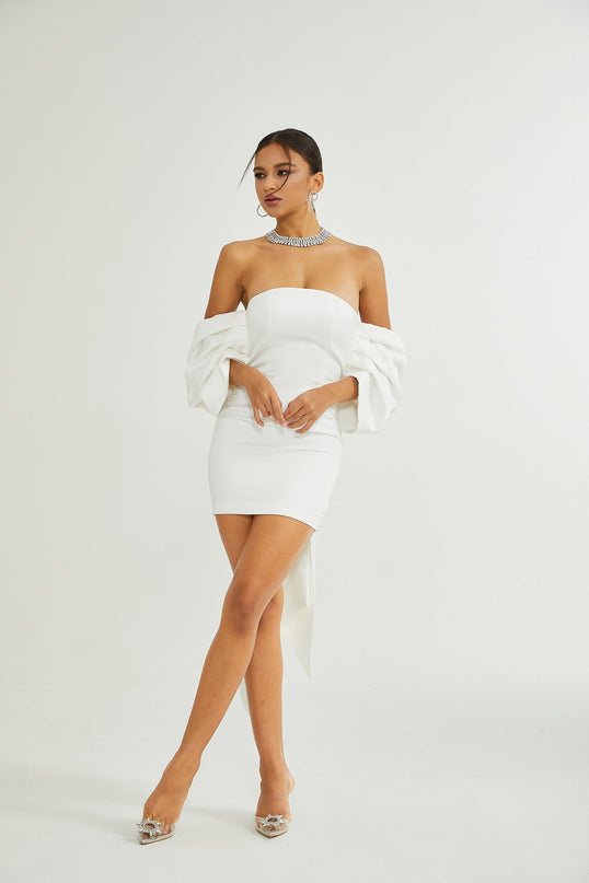Leilani White Mini Dress with Oversize Bow Detail Sleeveless Off-the-Shoulder Fitted Waistline Straight Hem Mini Length Polyester