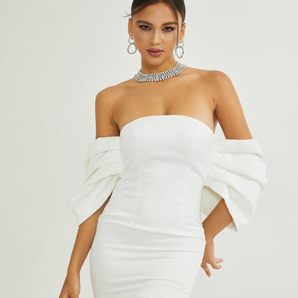 Leilani White Mini Dress with Oversize Bow Detail Sleeveless Off-the-Shoulder Fitted Waistline Straight Hem Mini Length 100% Polyester