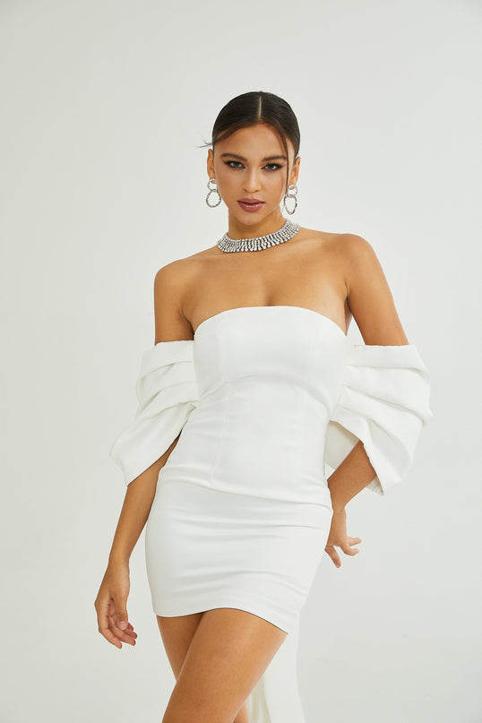 Leilani White Mini Dress with Oversize Bow Detail Sleeveless Off-the-Shoulder Fitted Waistline Straight Hem Mini Length 100% Polyester