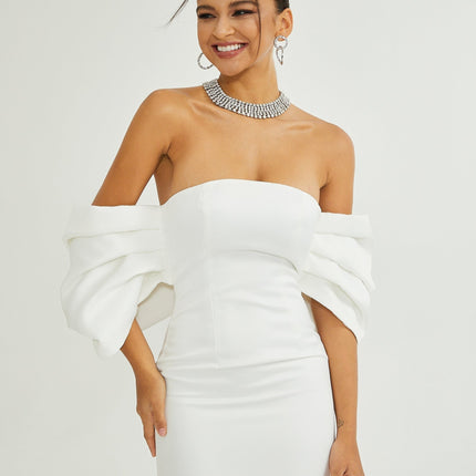 Leilani White Mini Dress with Oversize Bow Detail Sleeveless Off-the-Shoulder Fitted Waistline Straight Hem Mini Length Polyester